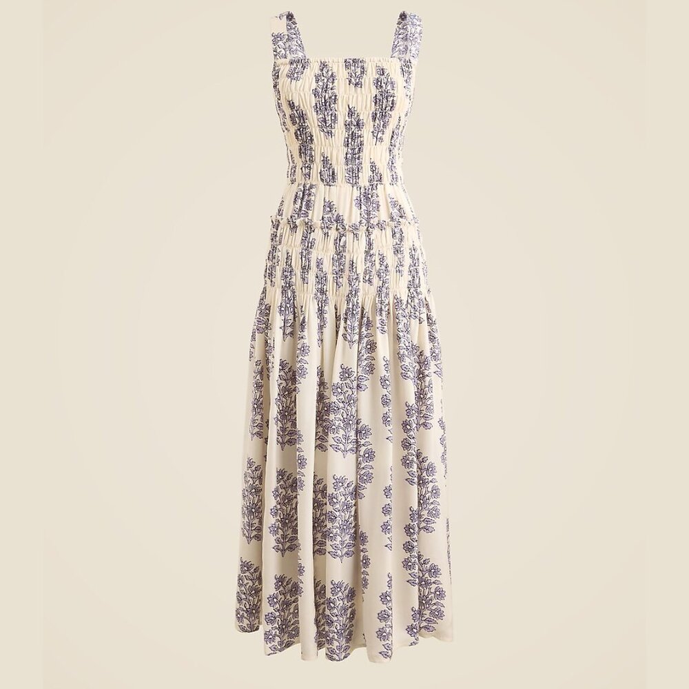 J. Crew Cream and Blue Floral Midi Dress
